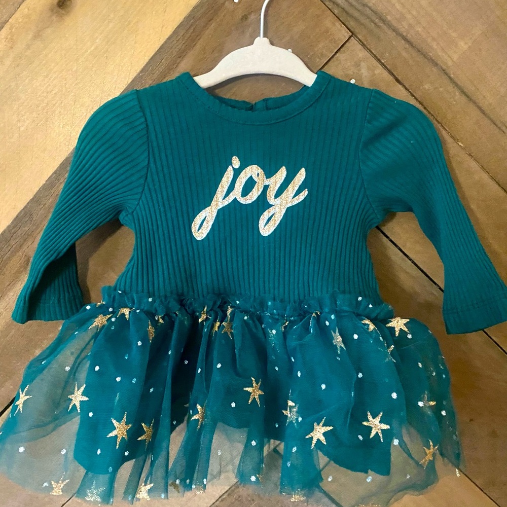 LITTLE ME  Baby Green and Gold Star Joy Holiday Tutu dress 3M
